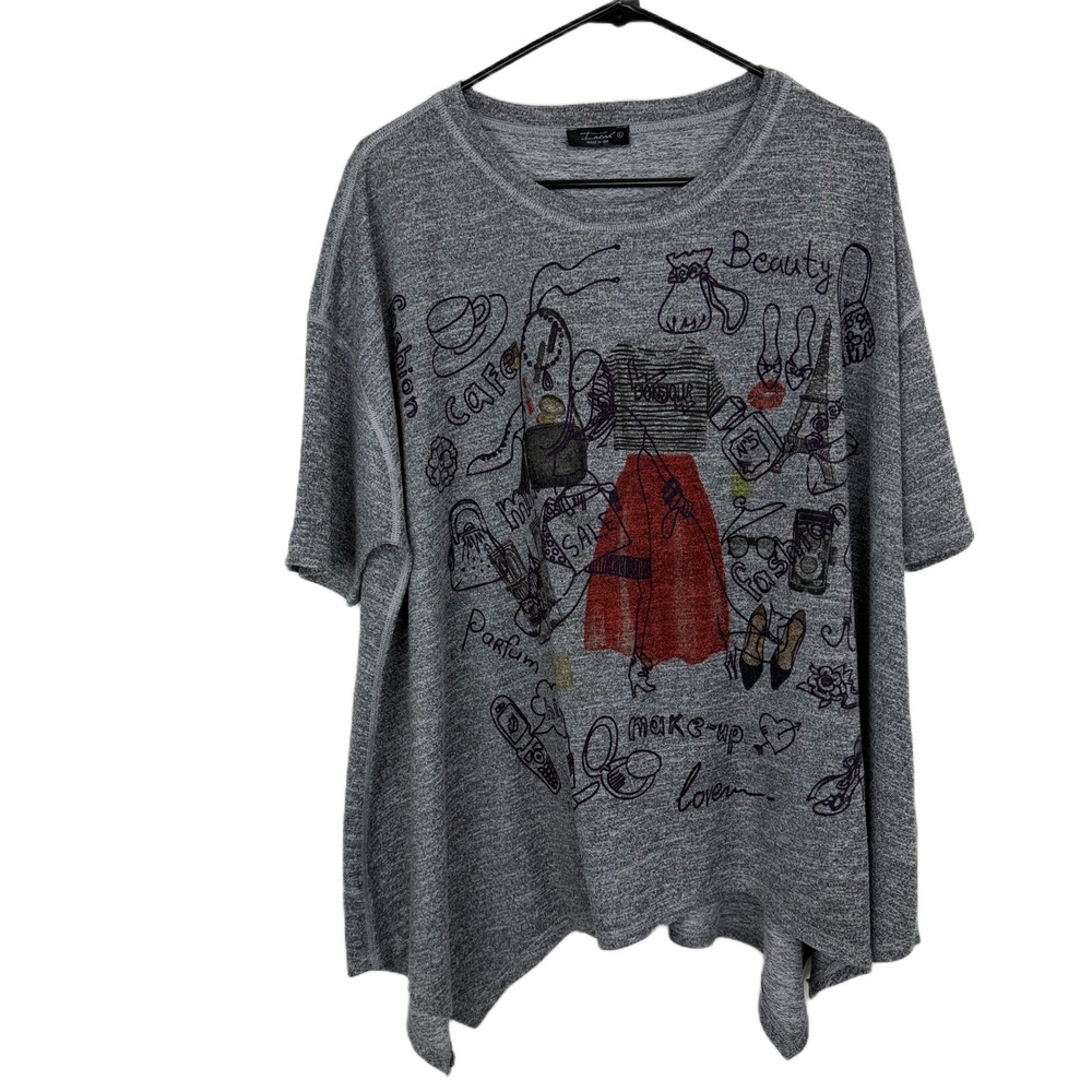 Inoah Top Womens Large Grey Graphic Print Shirt Fashion Paris Sharkbite Hem USA